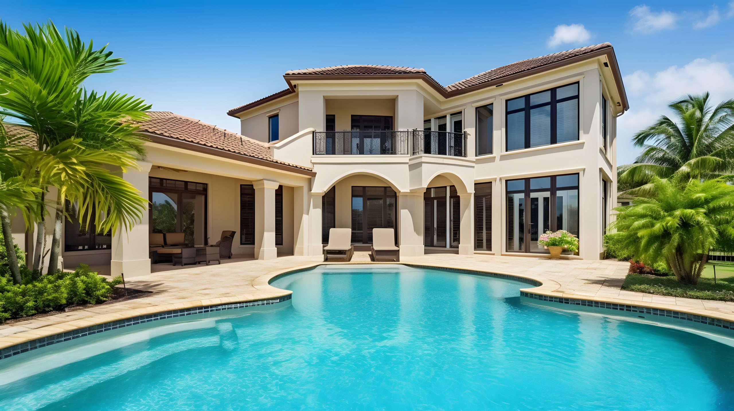 Beautiful home exterior and large swimming pool on sunny day with blue sky.