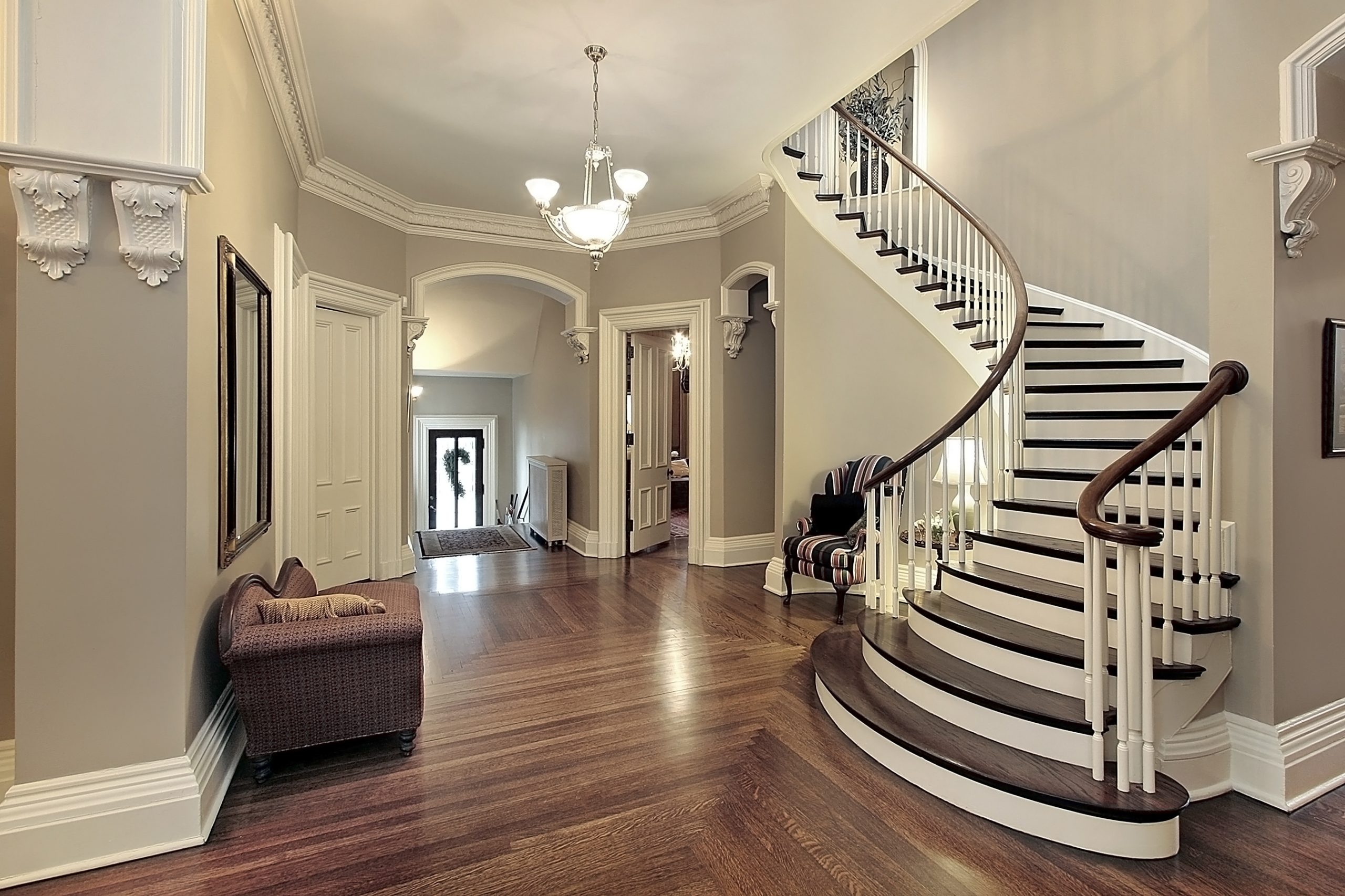 Foyer in traditional suburban home with curved staircase
