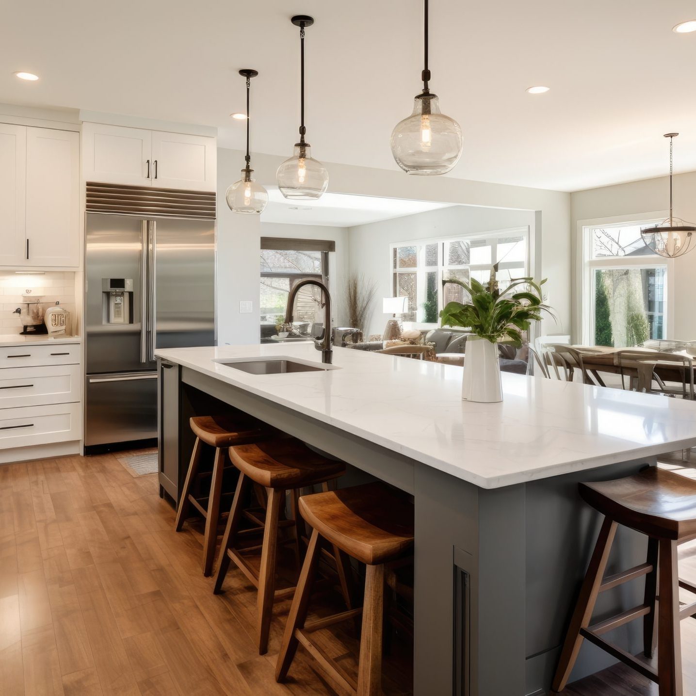 New custom home with a beautiful kitchen featuring hardwood floors, stainless steel appliances, quartz countertops, and a spacious island, on a sunny day.